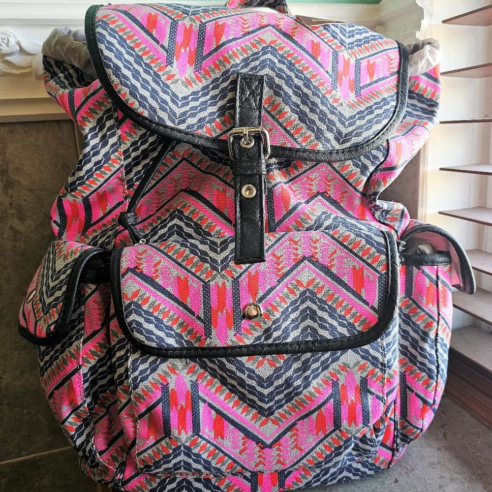 NWT NoBoundaries Juniors Ethic Backpack Pink Multicolor Soft Fabric Black Accent
